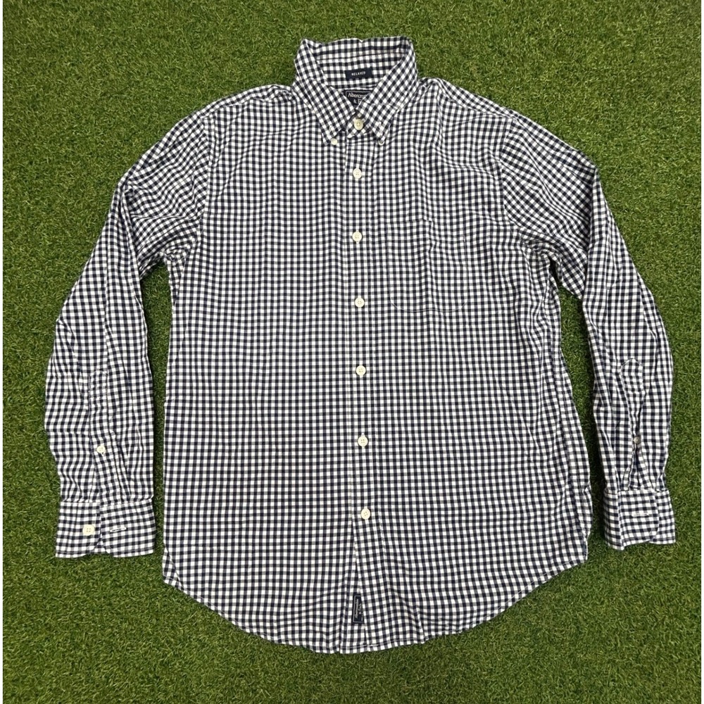 Abercrombie & Fitch Mens Relaxed Gingham Button Down Shirt Navy White Medium